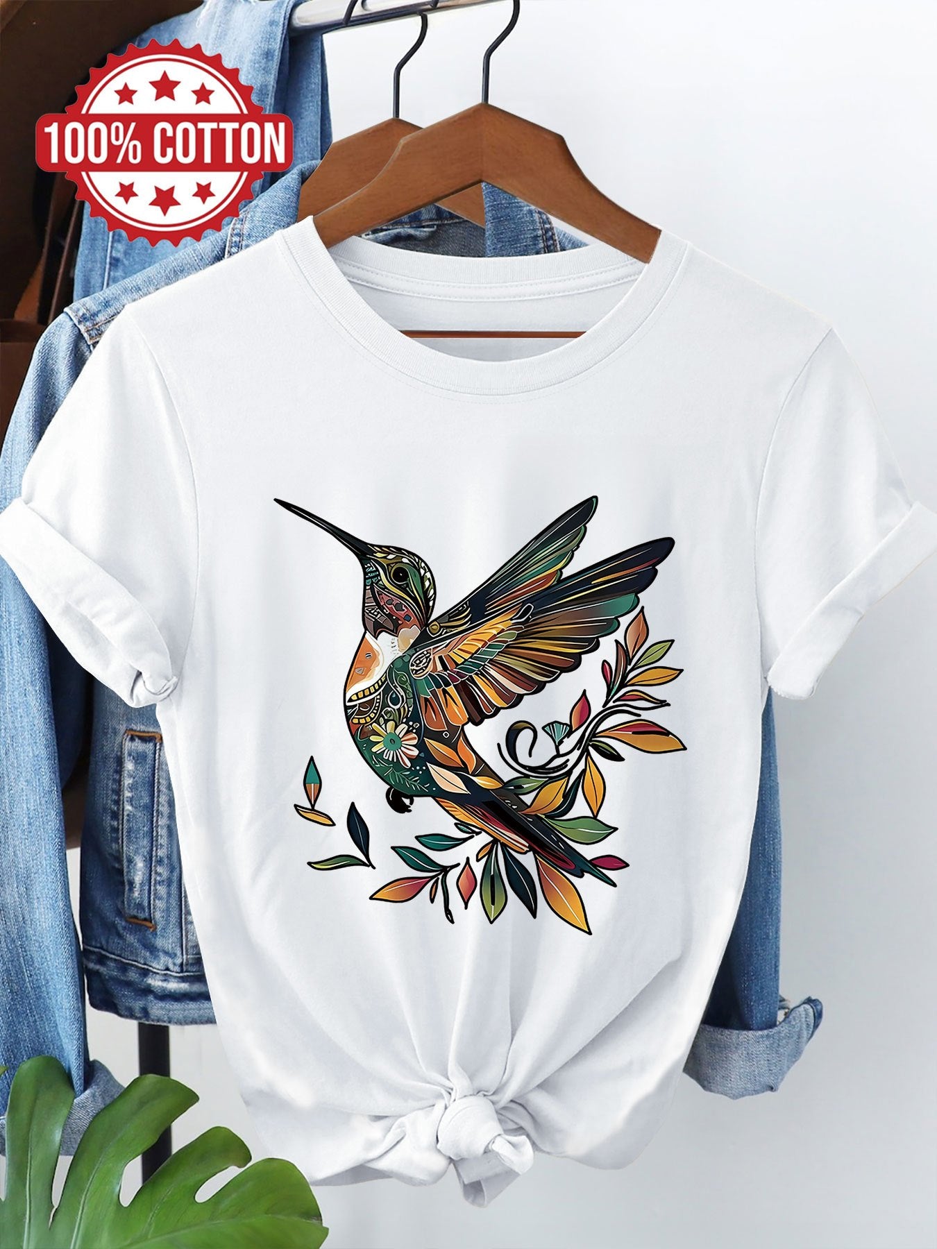 Women's Casual Cotton T-Shirt with Hummingbird Leaf Print