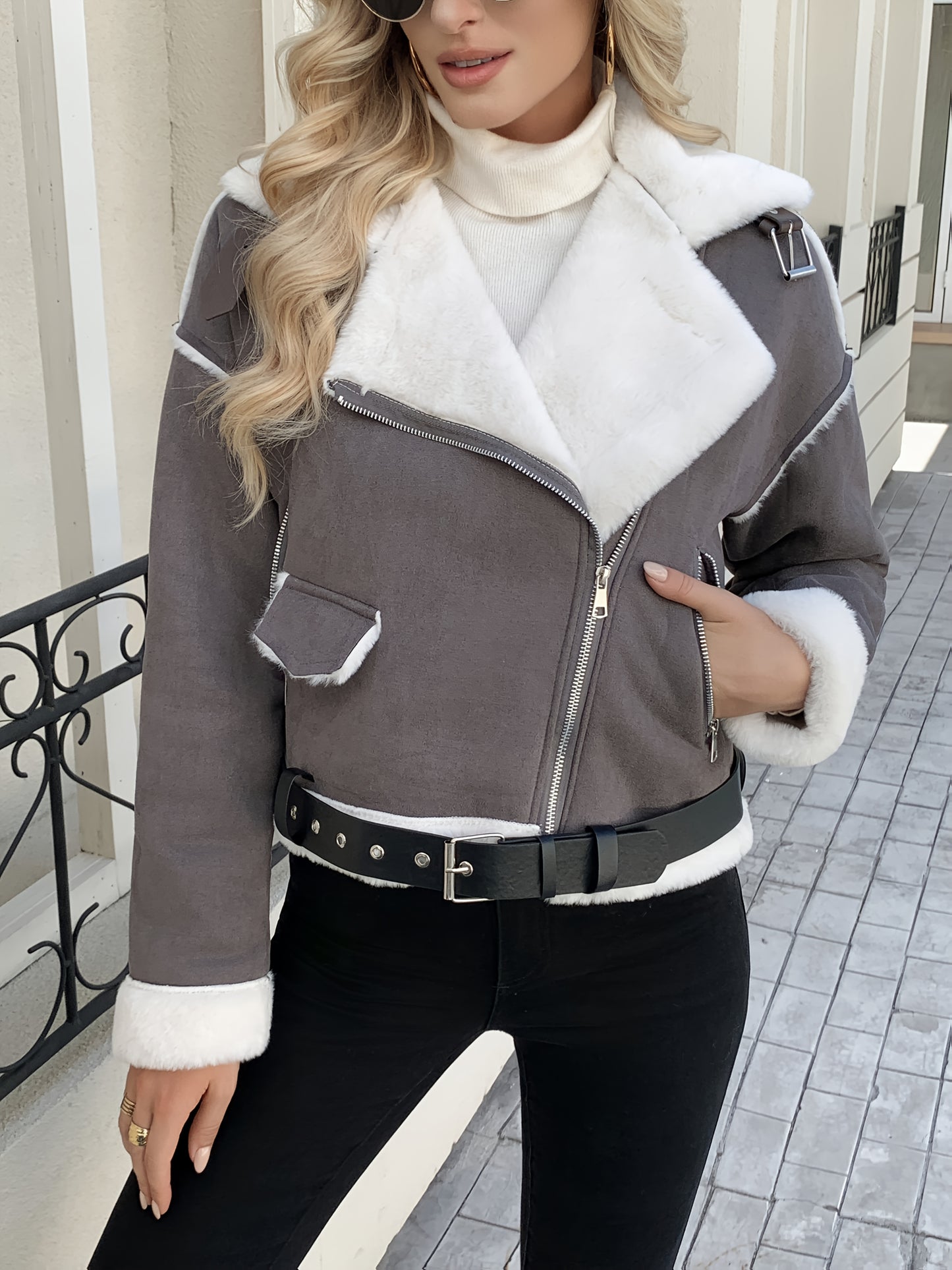 Women's Winter Jacket Thick Coat with White Fur Collar & Cuff - Elegant Brown Outerwear, Belted Waist (No-Stretch) for Fall/Winter, Machine Washable Cold Weather Jacket (No) - Coat for Dresses/Skirts