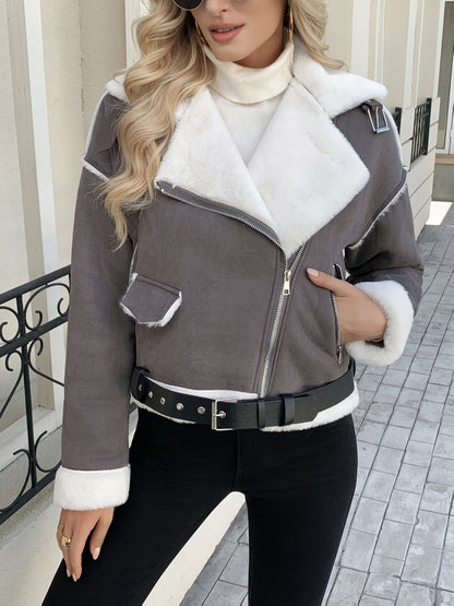 Women's Winter Jacket Thick Coat with White Fur Collar & Cuff - Elegant Brown Outerwear, Belted Waist (No-Stretch) for Fall/Winter, Machine Washable Cold Weather Jacket (No) - Coat for Dresses/Skirts