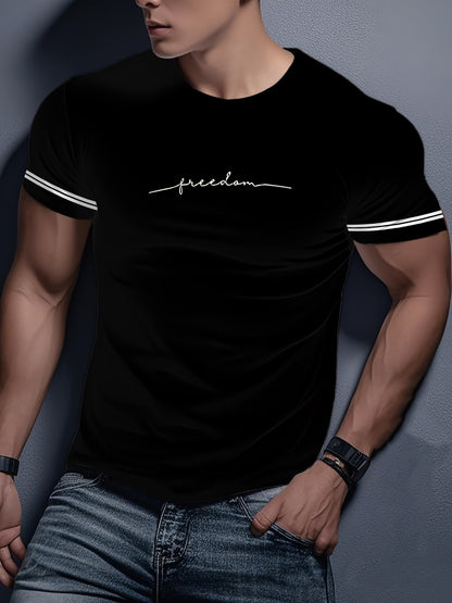 Men'S "Freedom" Graphic T-Shirt - Black Casual Crew Neck Tee with White Stripes, Breathable Polyester Blend, Regular Fit for Casual Attire, Everyday Tshirt   Bold Print Tee   Comfortable Fit, Knit