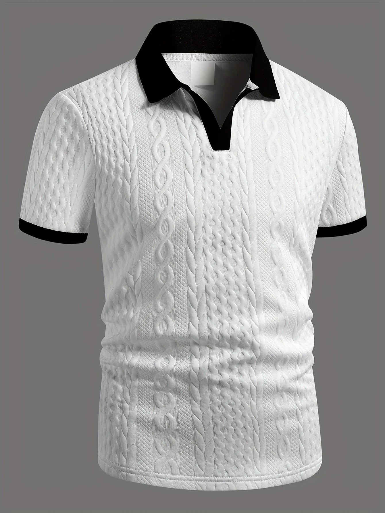 Summer Breathable Italian-style Color-blocked Light-mature Trendy Men's Shirt with V-neck, Slight Stretch, Jacquard Texture, Slim-fit Short Sleeves, Knitted - ayq