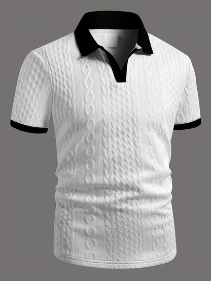 Summer Breathable Italian-style Color-blocked Light-mature Trendy Men's Shirt with V-neck, Slight Stretch, Jacquard Texture, Slim-fit Short Sleeves, Knitted - ayq