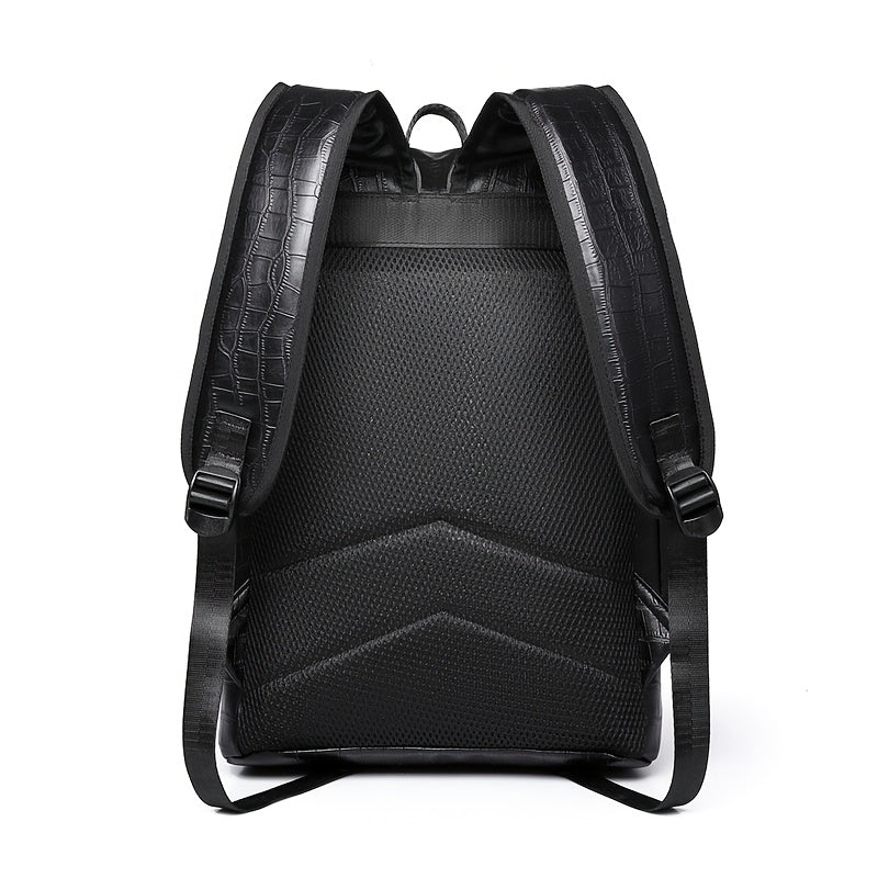 Unisex Backpack with Crocodile Texture, Large Capacity, Anti-Theft, Multi-Compartment, Fits 14-inch Laptop, Casual Travel  Business Commute, Minimalist Style, No Battery - Black