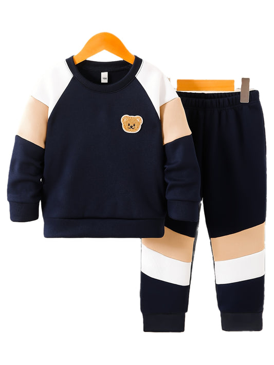 Autumn and Winter Round Neck Sweatshirt Long Sleeve Three-Color Patchwork "Cute Bear" Label Casual Comfortable Simple Trendy Versatile Casual Pants 2pcs Set, Perfect for Outdoor
