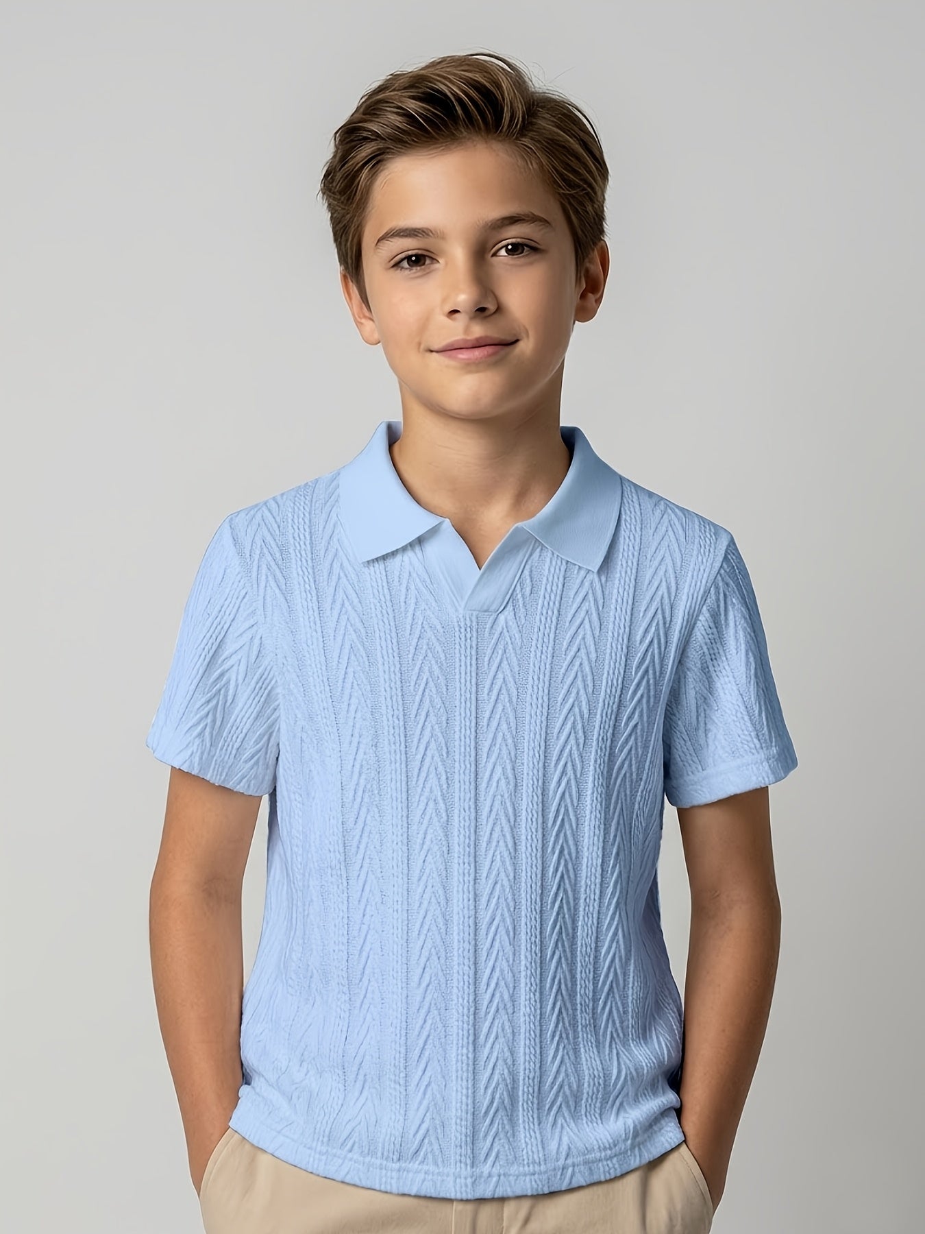Boys' Summer V-Neck Casual Knit Polo Shirt, Solid Color