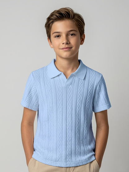 Boys' Summer V-Neck Casual Knit Polo Shirt, Solid Color