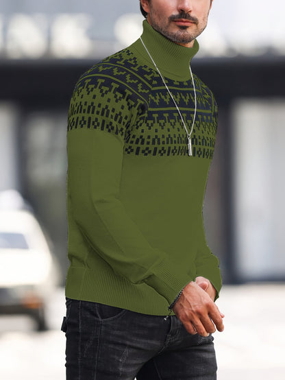 Men's Geometric Graphic Print Knitted Pullover, Casual Long Sleeve Turtle Neck Sweater For Fall Winter, Outdoor Cloth