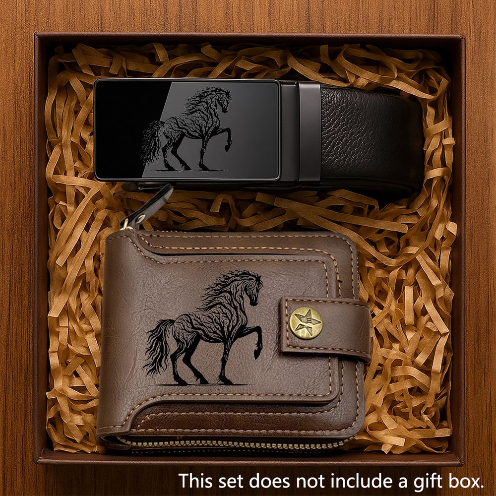 2pcs Men's Branch & Horse Wallet and Belt Combo - Elegant Collegiate Style Matching Wallet & Accessory Suitable for Daily & Professional Wear, Ideal Gift for Father's Day, Christmas, (Wallet and Belt)