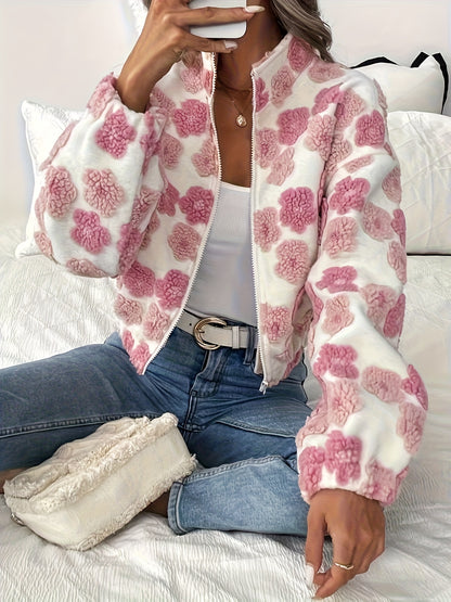 Women's Elegant Pink Floral Jacket - Non-Stretchy Blazer-like Coat, Machine Washable Outerwear for Fall/Spring, Office, Parties & Everyday Chic Outfits, Party Attire, Durable Zipper Closure