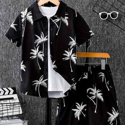 2pcs Boys Casual Coconut Tree Graphic Print Short Sleeve Lapel Shirt & Shorts Set, Comfy Summer Boys Clothing For Daily & Outdoor Wear