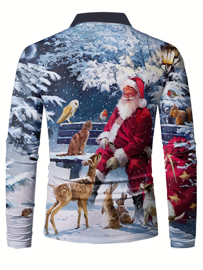 Men'S Long Sleeve Polo Shirt with 3D Santa Claus & Snowman Print - Festive Christmas Design, Button-Up Collar, Regular Fit, Perfect for All Adults & Teens, Casual Holiday Wear, Christmas Shirts, Z