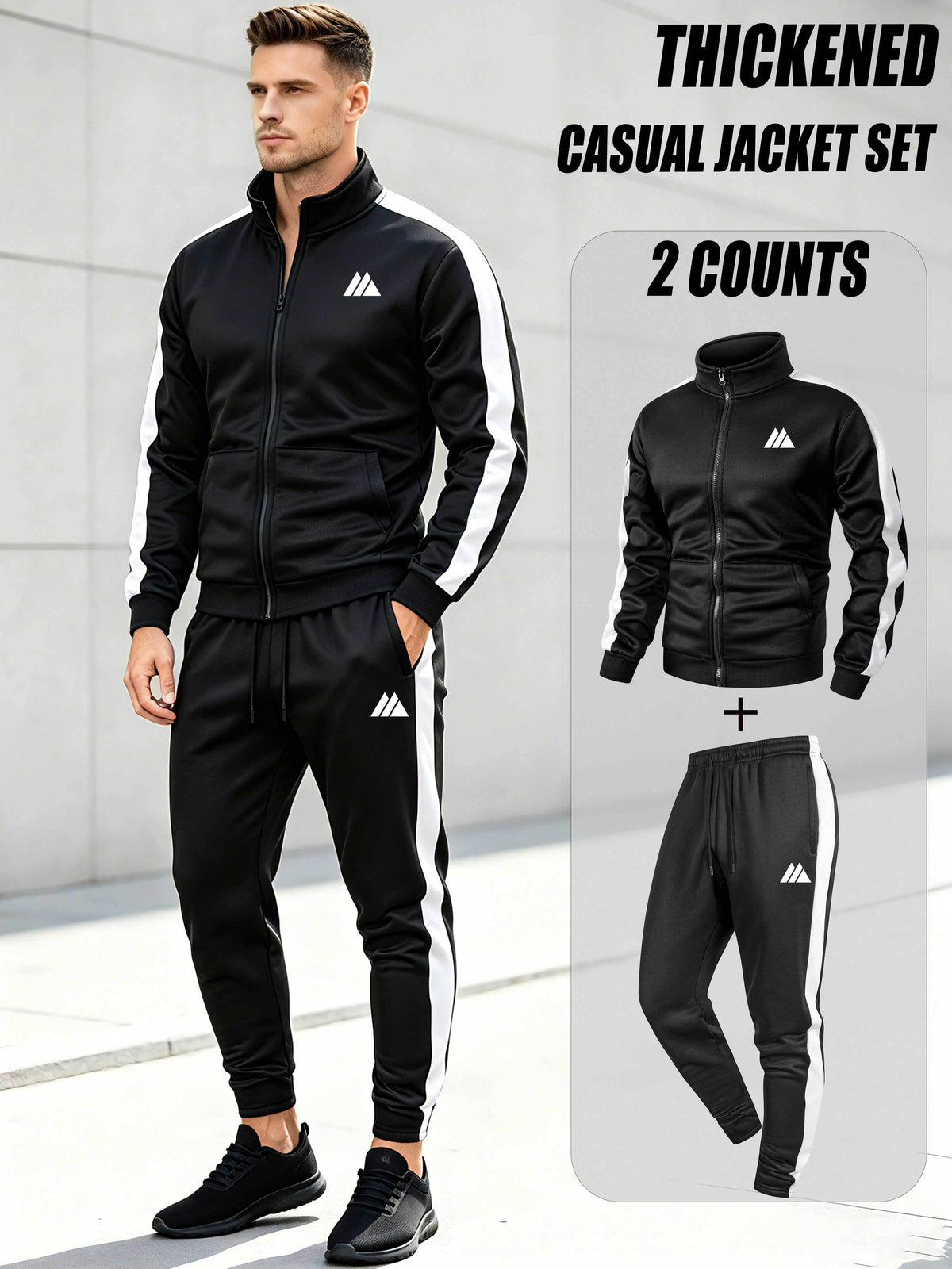 Men's Thickened Casual Sports Tracksuit Set with Zipper Jacket