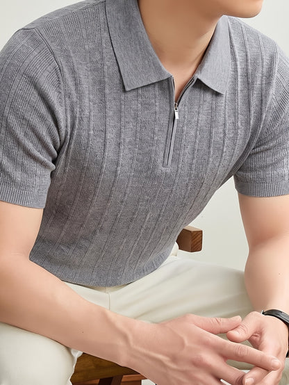 Men's Spring/Fall Knit Polo Shirt with Half-Zip Lapel