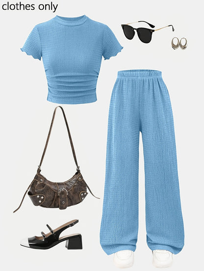 Girls' Spring Summer Slim Knit Top & Wide-Leg Pants Set