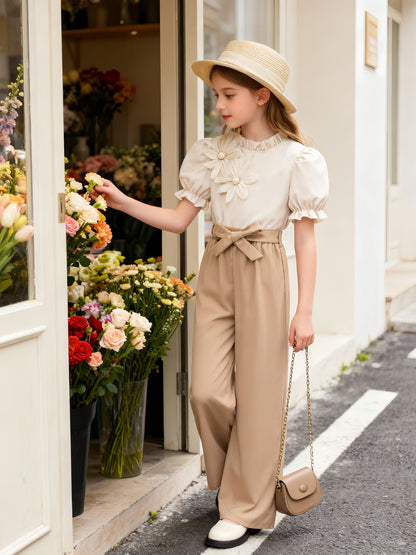 Girls' Casual 2-Piece Short Sleeve Top & Wide-Leg Pants Set