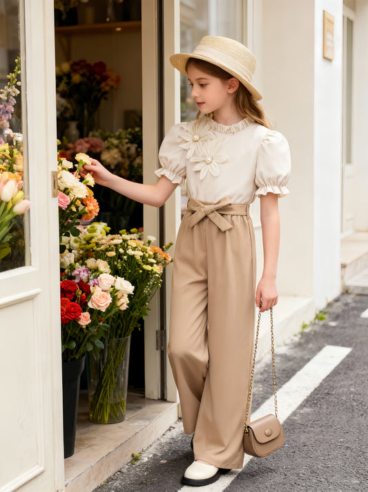 Girls' Casual 2-Piece Short Sleeve Top & Wide-Leg Pants Set