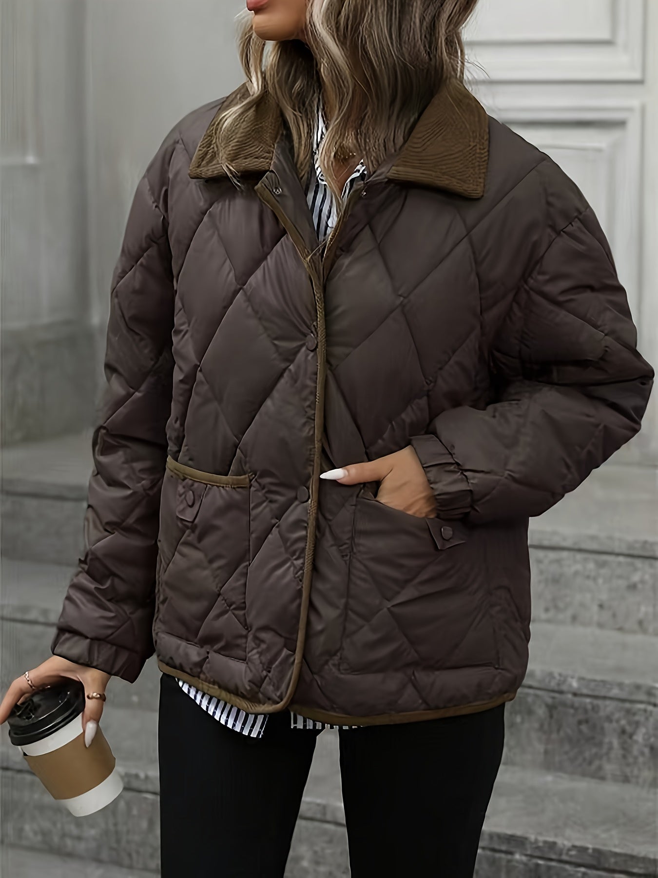 Rhombus Pattern Fashion Women's Top, Collar Spliced Single-Breasted Short Coat, Winter 2024 New Arrival, Contrast Trim, Petite-Friendly Jacket, Fashionable Warm Casual Outerwear, High-Reviewed