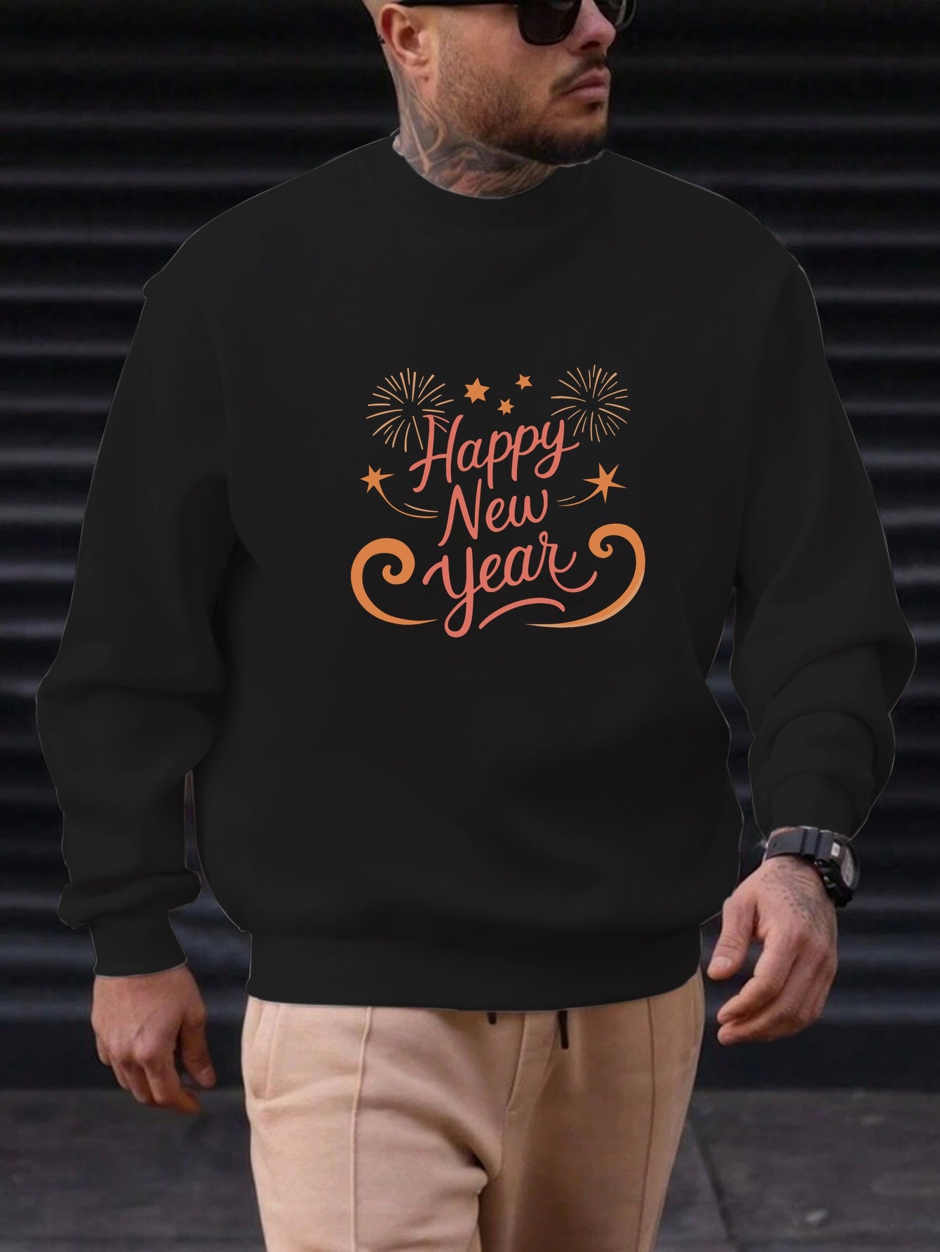 Men'S Happy New Year Sweatshirt - Light Grey with Orange Lettering - Regular Fit Crewneck Pullover for New Year'S Eve, NYE Parties & Casual Attire - Non-Permanent Celebration Sweater for Everyday & Special Occasions, New Year
