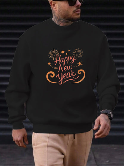 Men'S Happy New Year Sweatshirt - Light Grey with Orange Lettering - Regular Fit Crewneck Pullover for New Year'S Eve, NYE Parties & Casual Attire - Non-Permanent Celebration Sweater for Everyday & Special Occasions, New Year