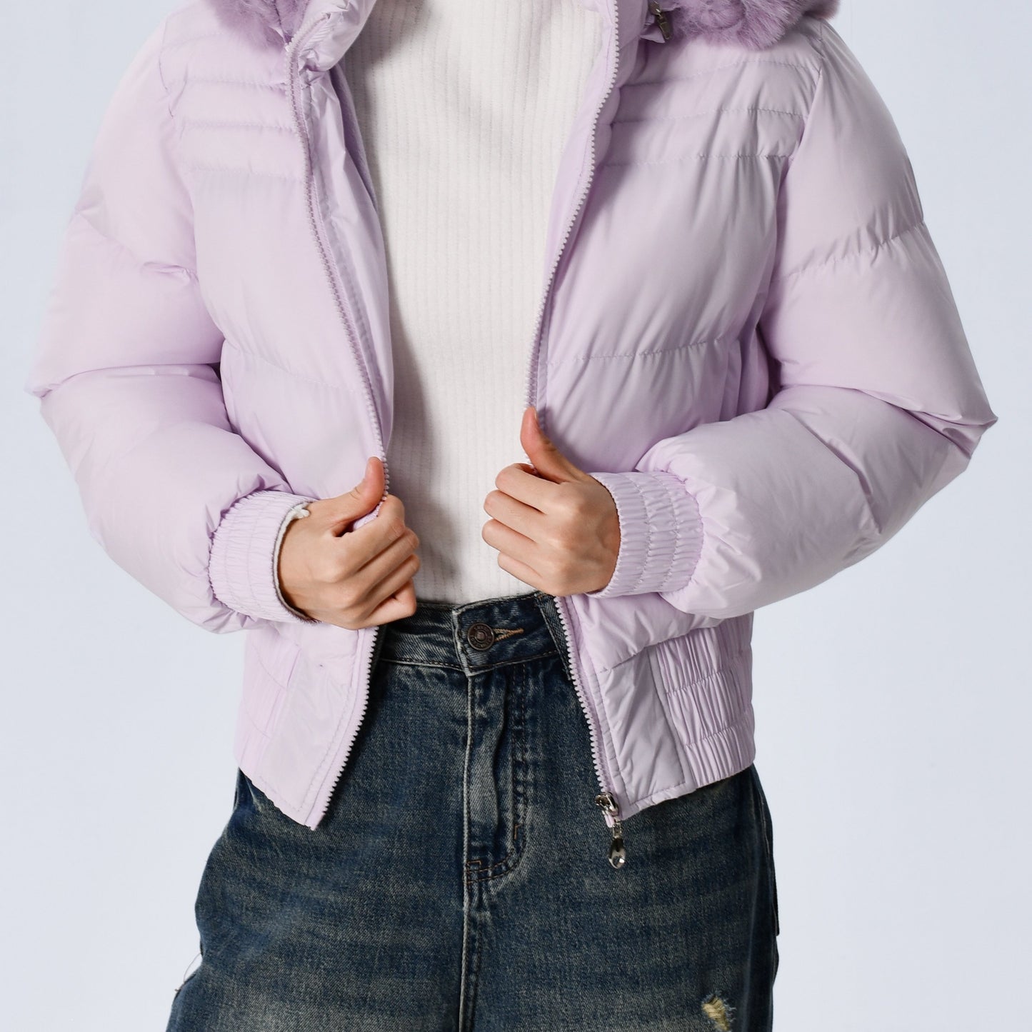 Elegant Polyester Padded Jacket for Women - 2024 Fashion Short Solid Color Coat with Thick Faux Fur Collar, Long Sleeves, Zipper Detail, Woven - Winter Warmth Casual Outerwear