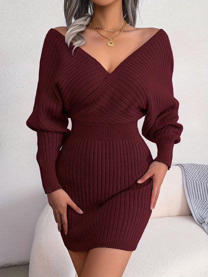 Sexy Cross V Neck Bodycon Sweater Dress, Batwing Sleeve Solid Criss Cross Neck Cross Sexy Dresses, Women'S Clothing