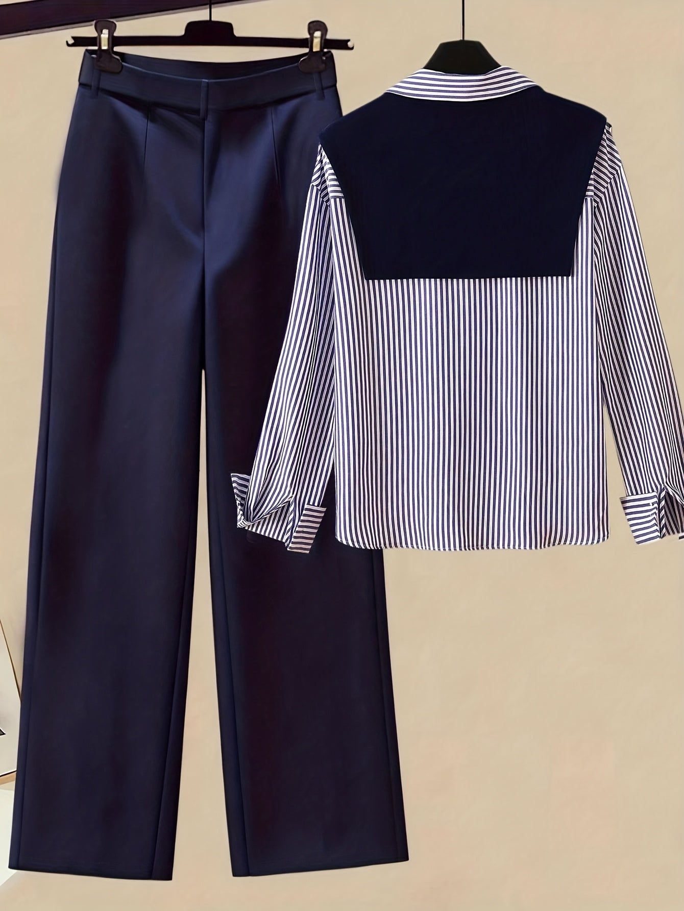Gavin 2pcs/Set Women'S Striped Shirt with Shawl Collar And High-Waisted Wide Leg Pants, Spring/Autumn - ayq