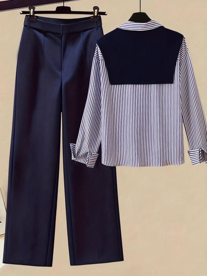 Gavin 2pcs/Set Women'S Striped Shirt with Shawl Collar And High-Waisted Wide Leg Pants, Spring/Autumn - ayq