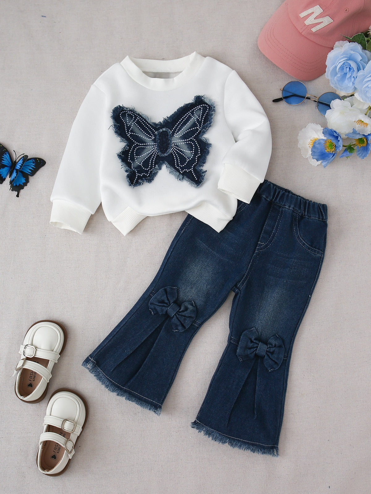 Casual White Embroidered Butterfly Sweatshirt & Flared Denim Jeans for
