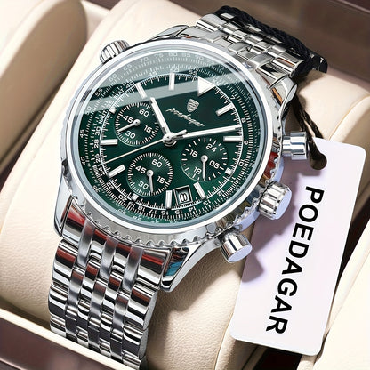 Luxury Stainless Steel Chronograph Watch with Green Dial