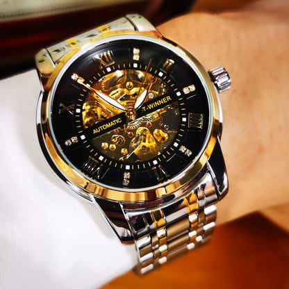 1pc Fashion Luxury Golden Skeleton Automatic Mechanical Watch for Men Luminous Hands Top Brand Stainless Steel Strap Business Casual Mens Watches Festival Birthday Gifts, TWINNER