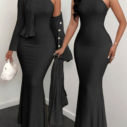 YY0102111 Elegant Solid Color Camisole Dress and Cardigan 2pcs Set, Suitable for Spring Summer Autumn