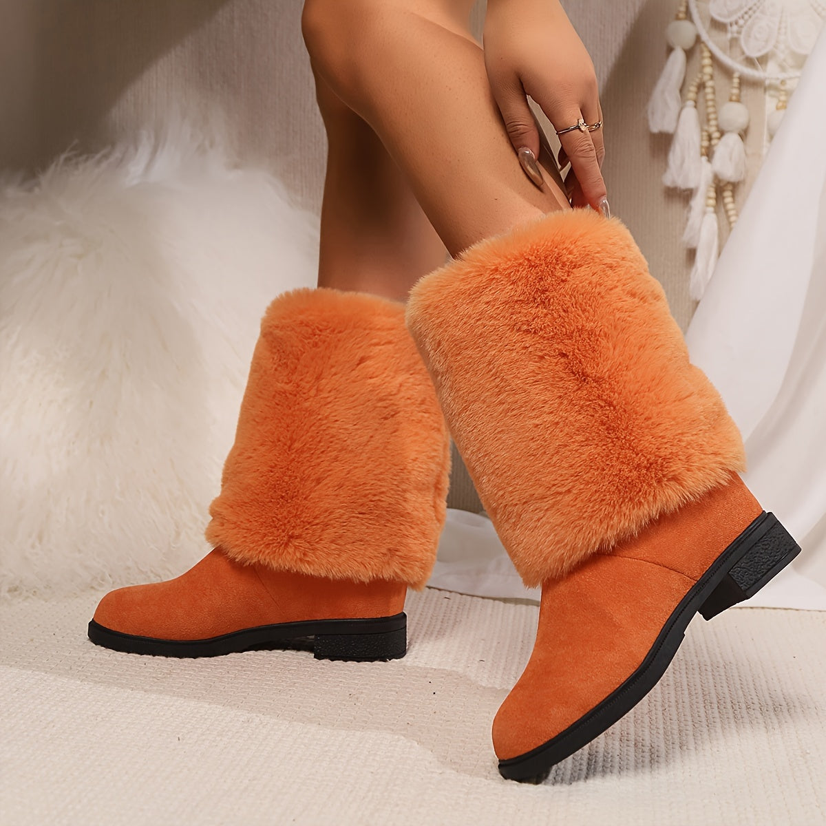 Women's Fashion Solid Color Mid-Calf Fluffy Boots with Slip-On Closure, Plain Toe Platform Heel, Comfy & Warm Fabric-Lined Winter Footwear - TPR Sole, Mid Heel, European Special from Huizhou
