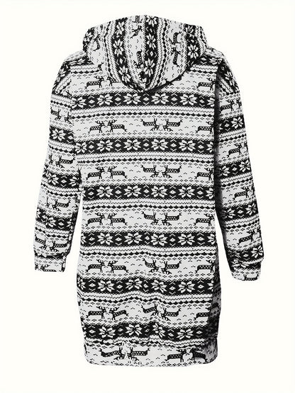 Women'S Christmas Deer & Snowflake Print Hooded Sweater Dress - Long Sleeve Winter Warmth, Red & Holiday Party Outfit with Pompom Sleeves