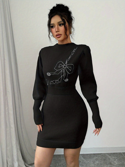 Women's Elegant Slim-Fit Sweater Dress with Bow Design, Fashionable and Versatile, Suitable for Autumn and Winter, Christmas Gift