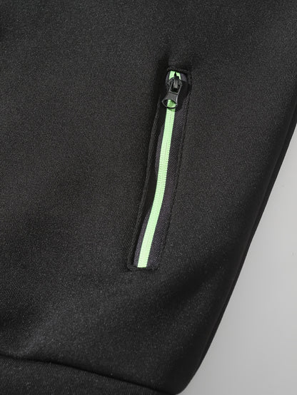 Men's Sporty Full-Zip Stand Collar Sweatshirt - Long Sleeve Casual Pullover with Neon Green Accents, Solid Color Non-Stretch Fabric, Regular Fit for Fall Winter