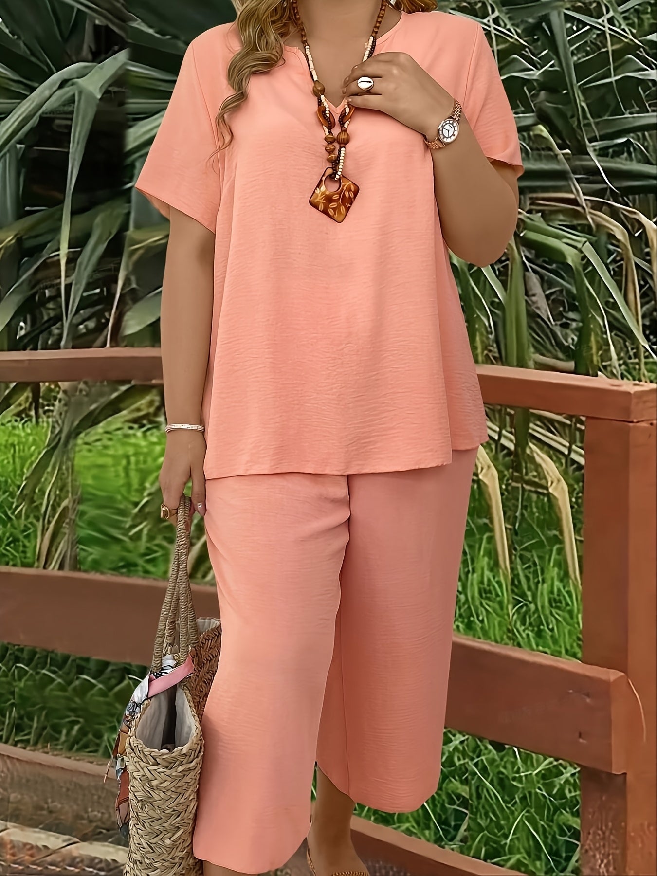 Women's Plus Size Suit, Elegant Solid Color Short Sleeve Top and Wide Leg Pants