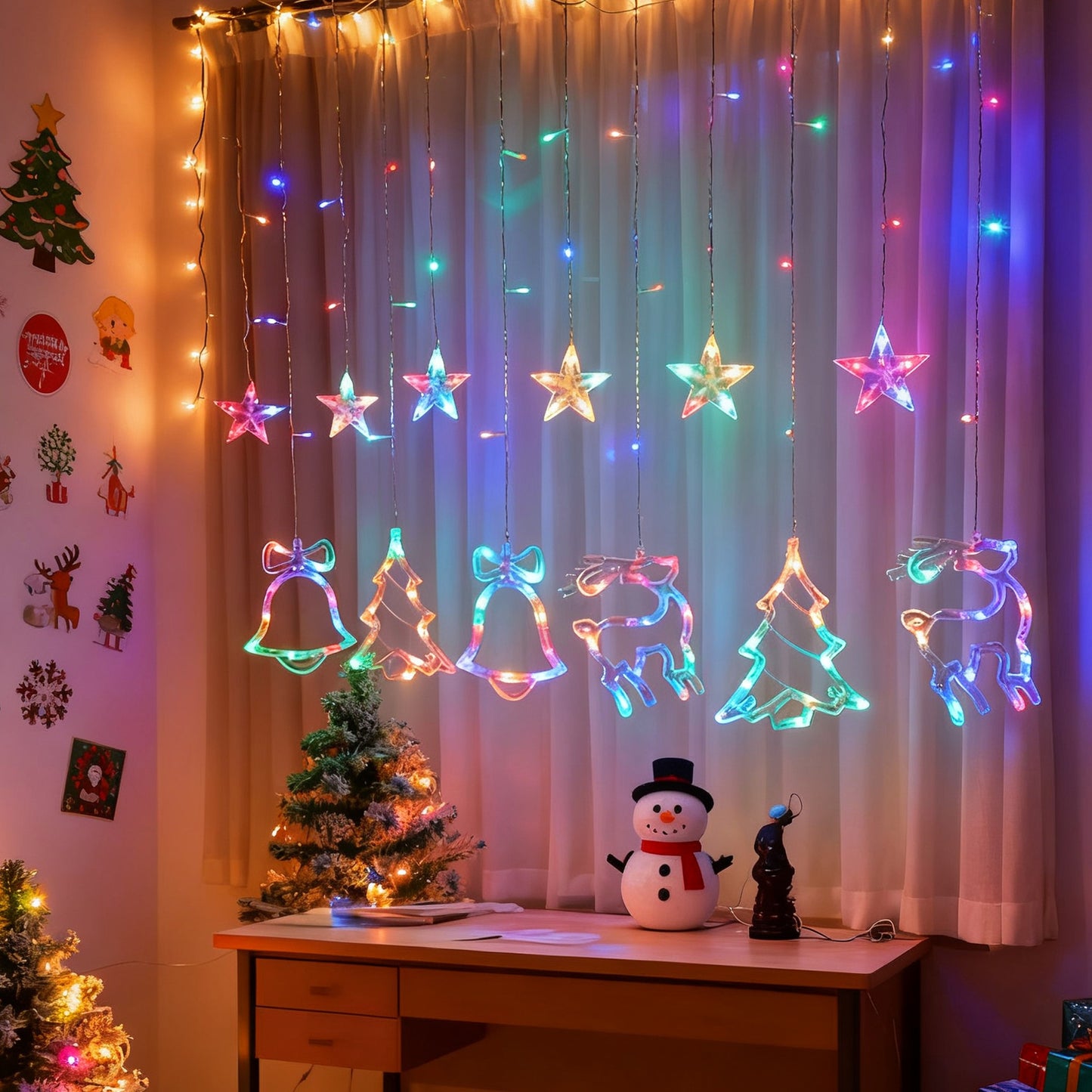 Christmas Decoration Icicle Curtain Lights, Window Wall Hanging String Light, USB Plug in Bell/Reindeer Fairy Lamp, Halloween/Ramadan Decor for Bedroom Living Room Backdrop Wedding Party Indoor Xmas Tree Dorm Fall Home Decor