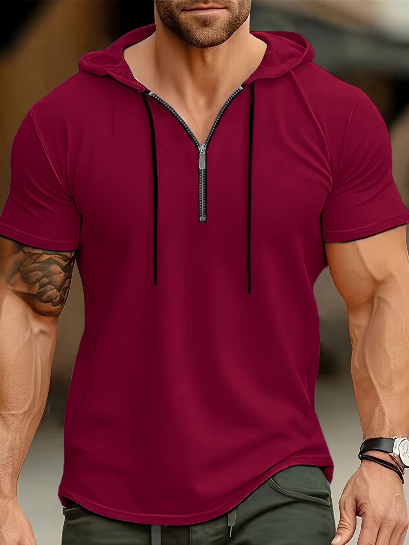 1pc Men's Light Blue Casual Hooded Short Sleeve T-Shirt with 1/4 Zipper, Breathable Stretch Fabric for Gym, Outdoor  Summer Wear, Gym Apparel, Stylish Contrast Detailing, Comfortable Fit