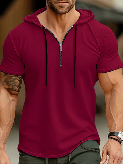 1pc Men's Light Blue Casual Hooded Short Sleeve T-Shirt with 1/4 Zipper, Breathable Stretch Fabric for Gym, Outdoor  Summer Wear, Gym Apparel, Stylish Contrast Detailing, Comfortable Fit
