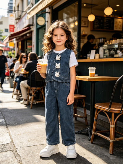 Girls Cute Sleeveless Denim Vest & Loose Straight Leg Jeans Set