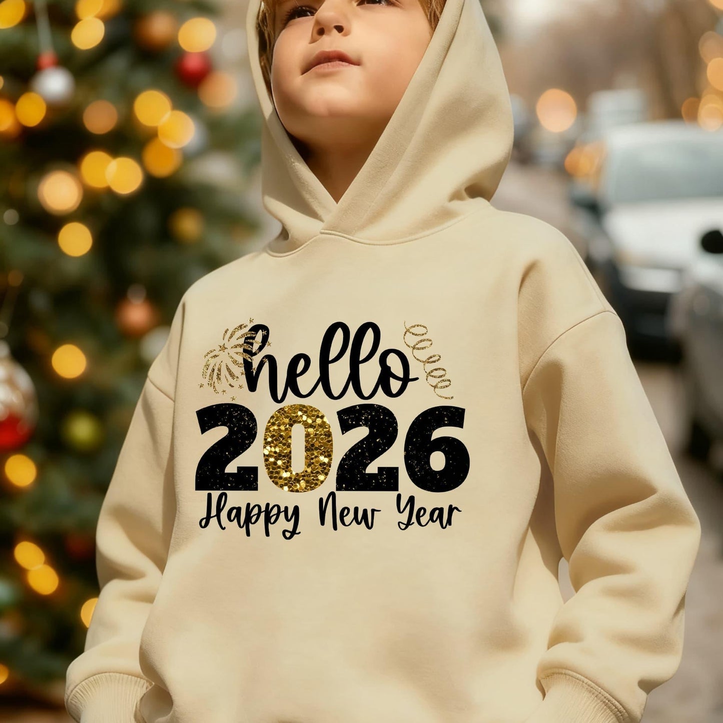 Boys' 2026 New Year Hooded Sweatshirt - Hello 2026 Happy New Year Lettering, Mint Green with Golden Accents, Loose Fit Long Sleeve Pullover for Boys