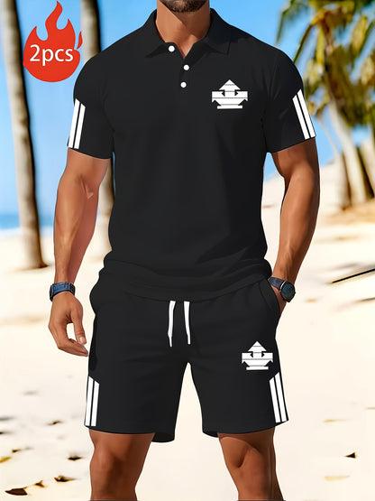 Men's Summer Polo Set with Print, Lightweight Casual Lapel Shirt & Sho