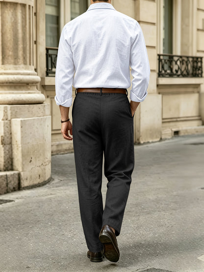 Men's Casual Linen Lapel Shirt & Buckle Pants Set for Spring/Fall