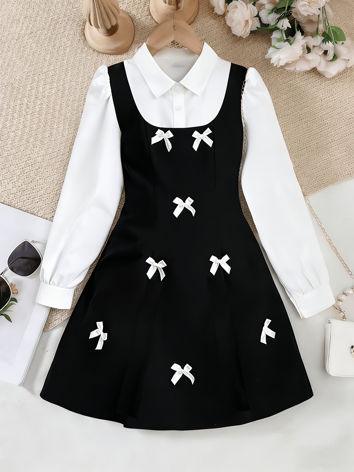 Girls' Elegant Black & White Bow Waist-Cinching Dress