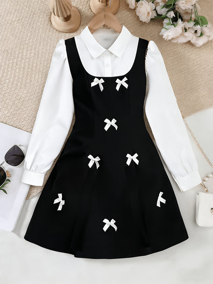 Girls' Elegant Black & White Bow Waist-Cinching Dress