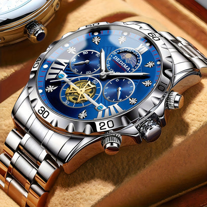 Elegant Men's Stainless Steel Sports Watch with Rhinestone Accents, 24-Hour/Calendar/Stopwatch Functions - Perfect for Halloween, Thanksgiving, Father's Day - ayq