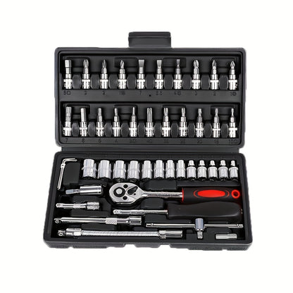 46pcs Heavy-duty Carbon Steel Auto Repair Tool Set | Includes Ratchet Wrenches, Sockets, Shockproof Toolbox, and Additions - Ideal for Projects and Auto Maintenance