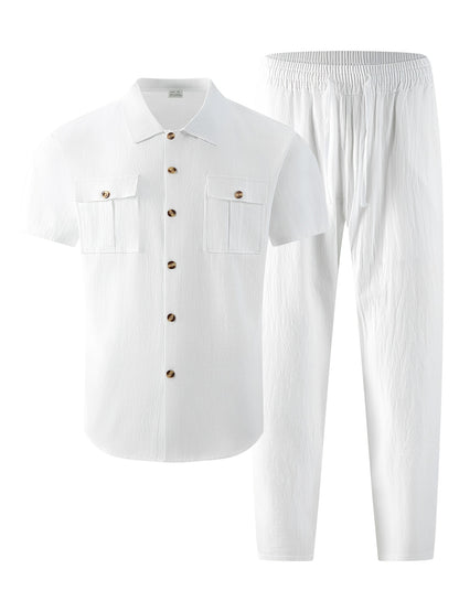 Men's Summer Casual Linen Blend Two-Pocket Shirt & Pants Set