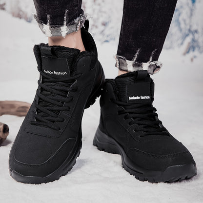 Men'S Mid-Top Winter Snow Boots - Lightweight, Non-Slip, Warm Plush Lining, Durable MD Sole, Black Workwear & Street Style for Outdoor Sports, Hiking, and Daily Leisure, Winter Boots, Hiking Footwear, Sleek Boot Design, Flexi