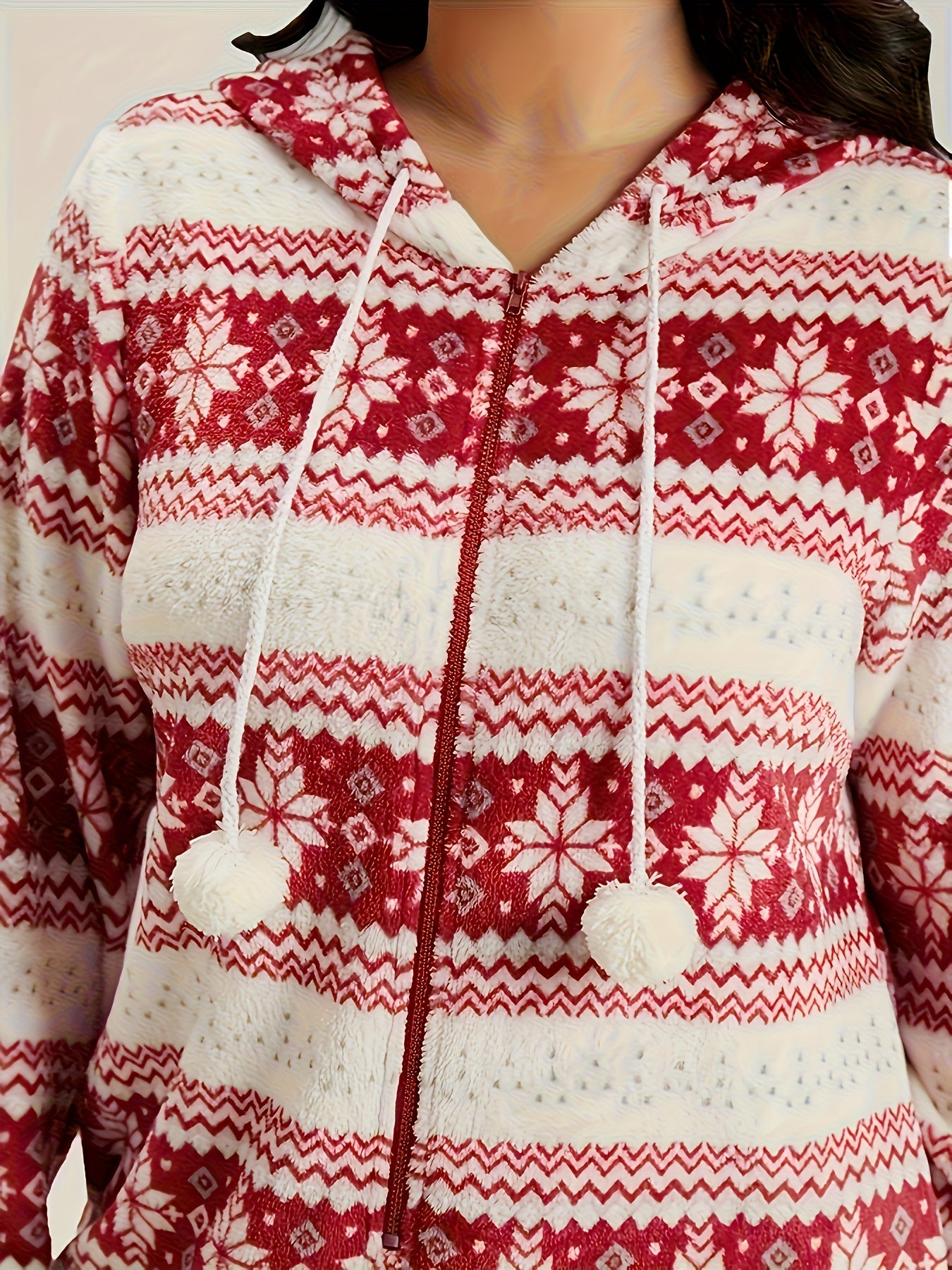 Women'S Cozy Red & White Geometric Print Jumpsuit - Casual Long Sleeve Romper with Drawstring Waist, Soft Stretchy Fabric, Perfect for Winter Lounging & Relaxing at Home, Comfortable Clothing | Relaxed Fit Jumpsuit | Medium E